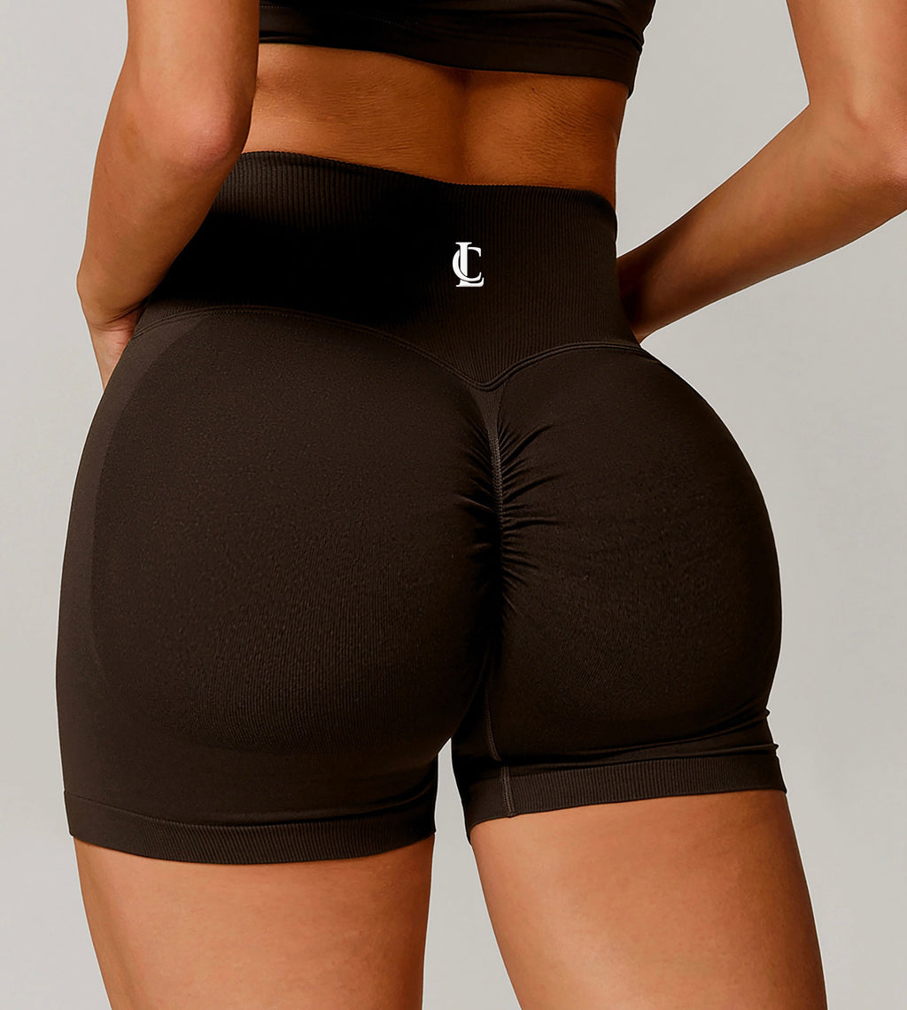 ‘Signature Scrunch Shorts’ with V cross front - Chocolate Brown