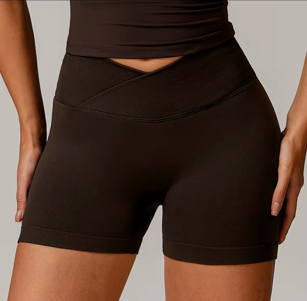 ‘Signature Scrunch Shorts’ with V cross front - Chocolate Brown
