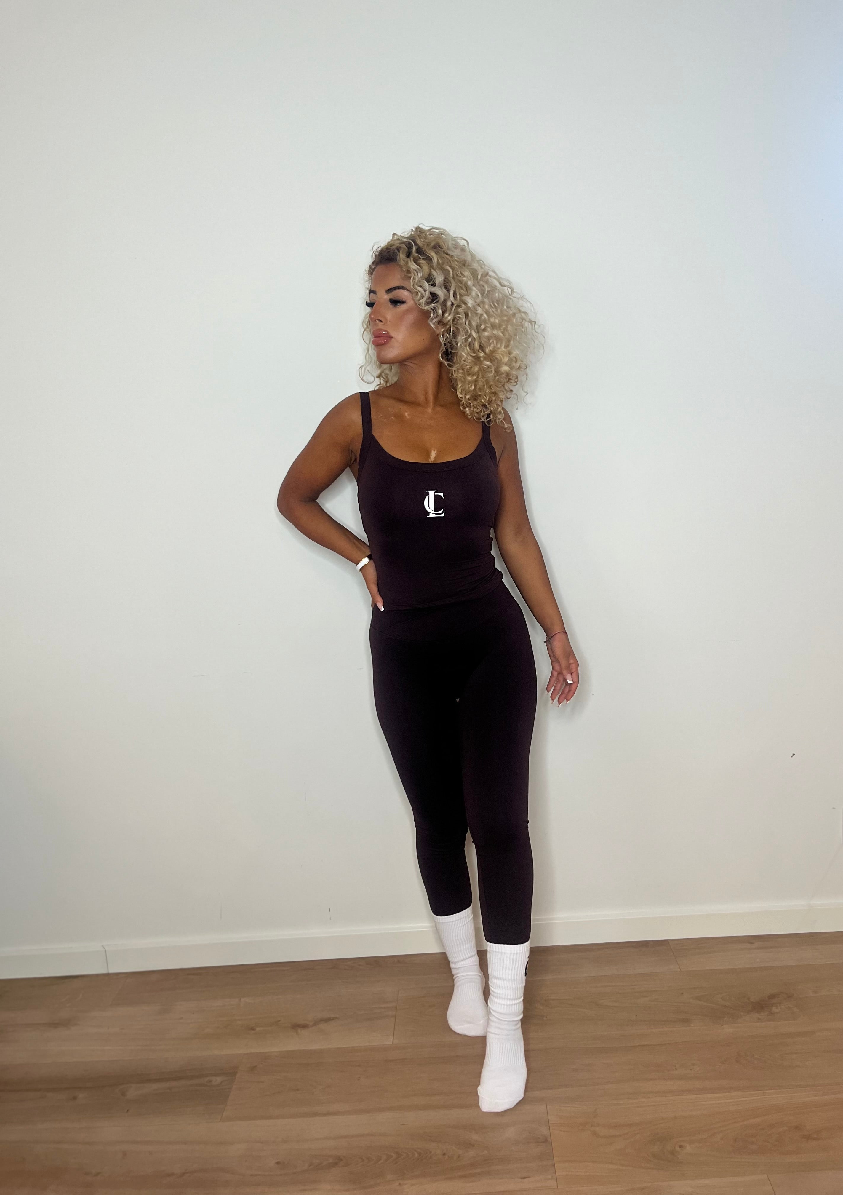 ‘Signature Scrunch Leggings’ with V cross front- Chocolate Brown