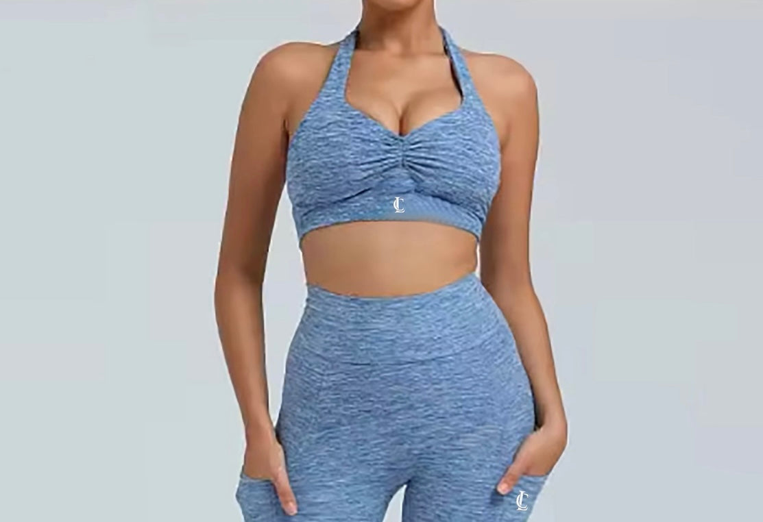 ‘Halterneck Scrunch Bra’ with removable pads - Cloudy Blue