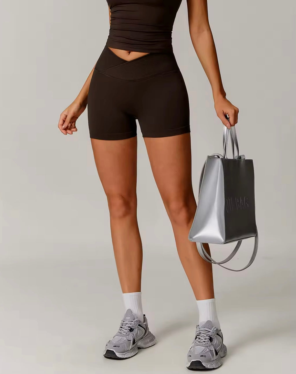 ‘Signature Scrunch Shorts’ with V cross front - Chocolate Brown